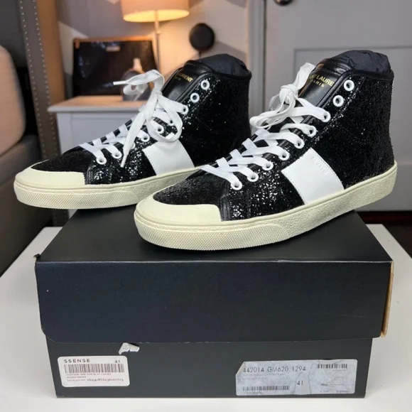Saint Laurent Black Glittered SL/37 Court Classic Sneakers Size 8